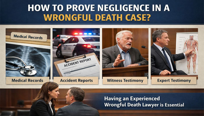 How to Prove Negligence in a Wrongful Death Case - My Legal Opinion - My Legal Opinion How to Prove Negligence in a Wrongful Death Case, showcasing medical records, accident reports, witness testimony, and expert testimony, with a police car and courtroom scenes, emphasizing the importance of an experienced wrongful death lawyer.
