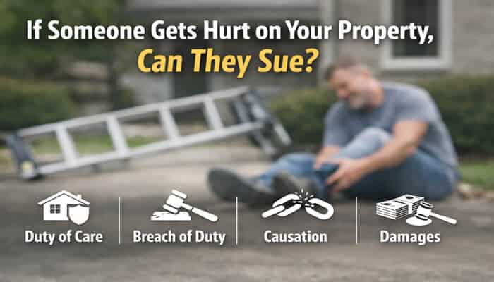 If Someone Gets Hurt on Your Property Can They Sue - My Legal Opinion - My Legal Opinion Infographic showing an injured man sitting on a driveway near a fallen ladder outside a home, explaining Who Is Responsible if Someone Gets Hurt on Your Property through key premises liability elements including duty of care, breach of duty, causation, and damages after a property injury accident.