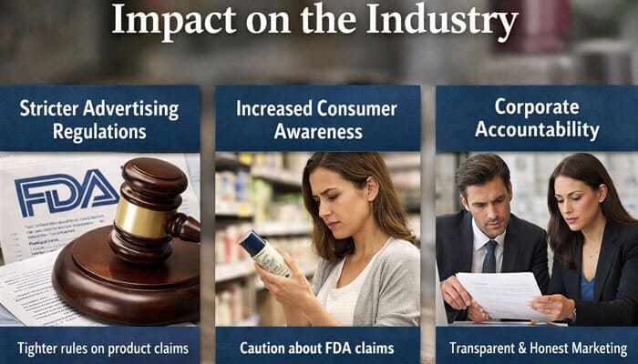 Impact on the Industry - My Legal Opinion - My Legal Opinion Keranique Lawsuit impact on industry infographic showing stricter advertising regulations with FDA gavel, increased consumer awareness checking product claims, and corporate accountability for marketing transparency.