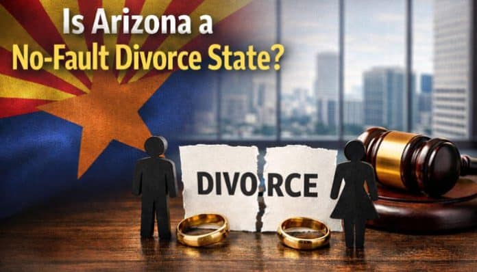 Arizona flag background with a gavel and torn divorce papers symbolizing the concept of no-fault divorce in Arizona.
