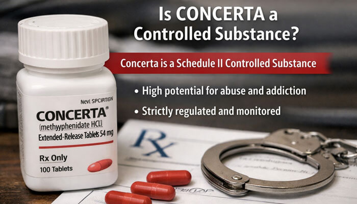 Is Concerta a Controlled Substance - My Legal Opinion - My Legal Opinion A bottle of Concerta medication with red pills, a prescription note, and handcuffs, illustrating that Concerta is a Schedule II controlled substance with high potential for abuse and addiction.