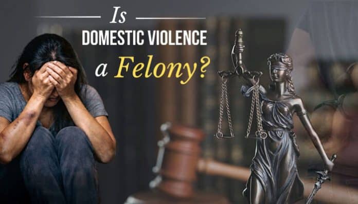 Illustration for Is Domestic Violence a Felony showing a distressed woman beside a courthouse gavel and Lady Justice, representing the legal consequences, criminal charges, and emotional impact of domestic violence cases.