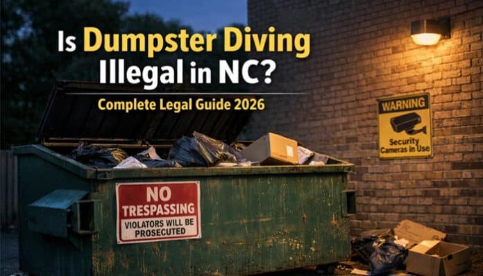 Is Dumpster Diving Illegal in NC? Complete Legal Guide 2026 - A dumpster with a 'No Trespassing' sign and security camera warning. Learn the legal details of dumpster diving in North Carolina.