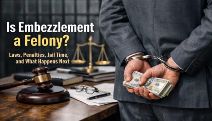 A person in handcuffs holding cash, with a gavel and scales of justice in the background, symbolizing the serious legal implications of embezzlement.