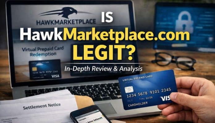 Is HawkMarketplace.com Legit – In‑depth review graphic showing HawkMarketplace.com legitimacy analysis with virtual prepaid card, laptop, settlement notice and security icons for genuine user trust evaluation.