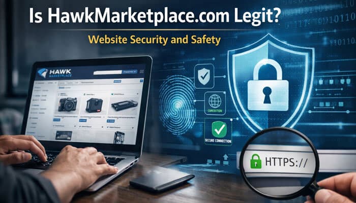 Is HawkMarketplace com Legit Website Security and Safety - My Legal Opinion - My Legal Opinion Is HawkMarketplace.com Legit – website security and safety analysis image showing HawkMarketplace.com ecommerce interface on laptop, HTTPS padlock magnified, digital security shield and trust icons to assess platform legitimacy and user protection.