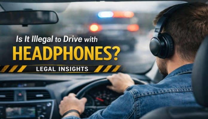 Image showing a person driving with headphones on, highlighting the legal concerns around the question 'Is It Illegal to Drive with Headphones?' with police lights visible in the background. This image provides insights into legal implications while driving with headphones
