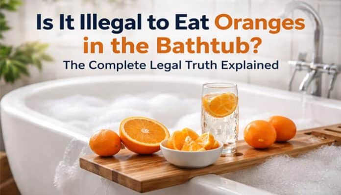 High‑resolution lifestyle image of a bathroom bathtub with sliced oranges and a refreshing orange drink on a wooden tray, visually illustrating the question “Is It Illegal to Eat Oranges in the Bathtub?” for a legal and lifestyle article exploring quirky food laws.