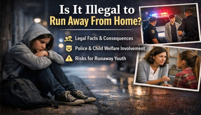A child sitting on the street looking distressed, with images of police involvement and child welfare intervention. The image highlights the legal facts, consequences, and risks associated with runaway youth. 'Is It Illegal to Run Away From Home?' is the focal question, depicting the complexities of legal and safety concerns.