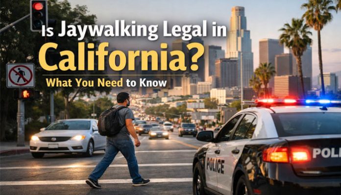 Image depicting a person crossing the street with a police car in the background in Los Angeles. The scene raises the question: 'Is Jaywalking Legal in California?' and highlights the topic of jaywalking laws in California.