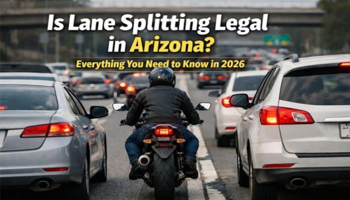 Lane Splitting Legal in Arizona: Motorcycle between lanes in traffic with cars around, discussing the legality of lane splitting in Arizona in 2026.