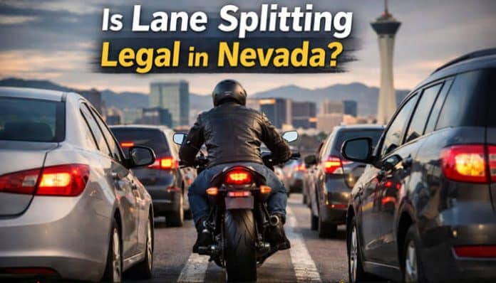 Motorcyclist navigating between slow traffic lanes with Las Vegas skyline in background, illustrating “Is Lane Splitting Legal in Nevada” discussion on motorcycle laws and rider safety.