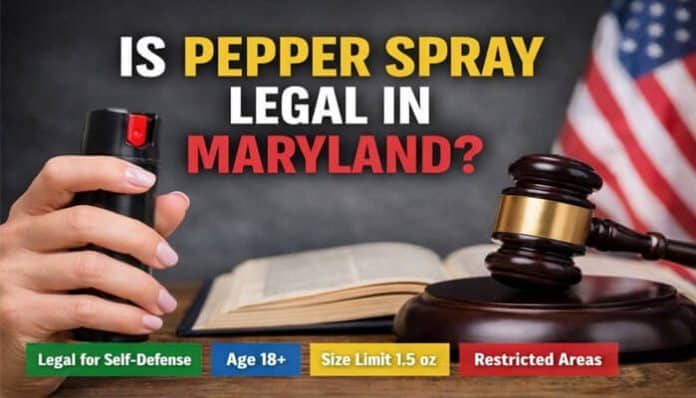 Image showing a hand holding pepper spray, with a gavel, legal book, and American flag in the background. The image answers the question: 'Is Pepper Spray Legal in MD?' Key points include legality for self-defense, age 18+, size limit of 1.5 oz, and restricted areas.