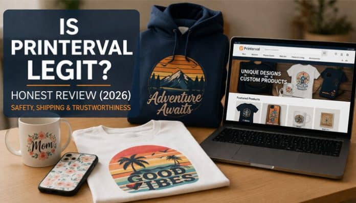 Is Printerval Legit? Honest review 2026 showing Printerval custom products on laptop and printed apparel, illustrating trustworthiness, shipping reliability, safety and legitimacy of Printerval marketplace.
