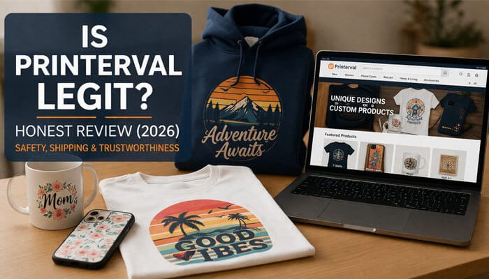 Is Printerval Legit? Honest review 2026 showing Printerval custom products on laptop and printed apparel, illustrating trustworthiness, shipping reliability, safety and legitimacy of Printerval marketplace.
