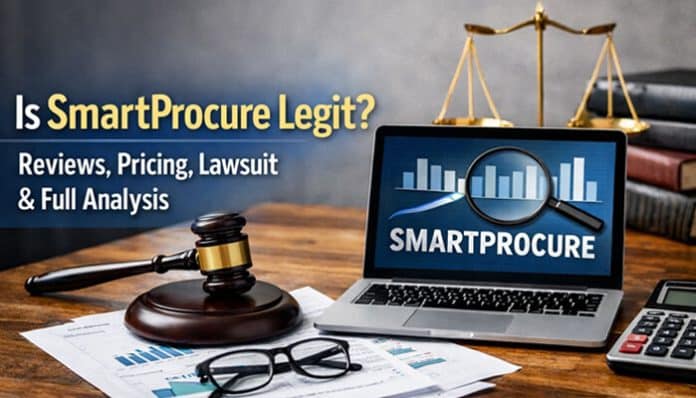 Is SmartProcure Legit? A detailed analysis of SmartProcure reviews, pricing, lawsuits, and more, featuring a magnifying glass over a laptop displaying SmartProcure data.