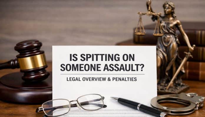 A gavel, a pair of glasses, a pen, and handcuffs on a desk with a sign asking 'Is Spitting on Someone Assault?' with a legal overview and penalties theme.