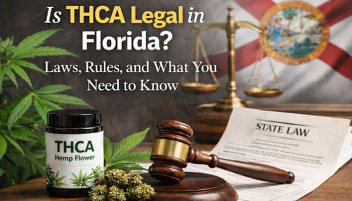 An image of THCA hemp flower with a gavel and Florida state flag, highlighting the question of whether THCA is legal in Florida, along with important laws and rules.