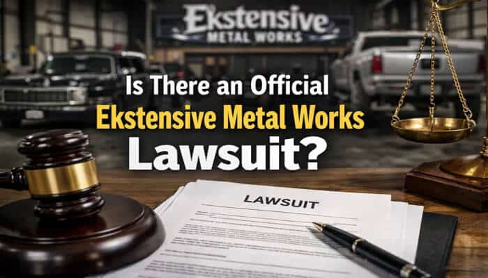 Is There an Official Ekstensive Metal Works Lawsuit? - My Legal Opinion - My Legal Opinion Ekstensive Metal Works Lawsuit - Legal document with a gavel, law scale, and an official lawsuit notice in front of an Ekstensive Metal Works garage, symbolizing the legal proceedings related to the company's potential lawsuit.