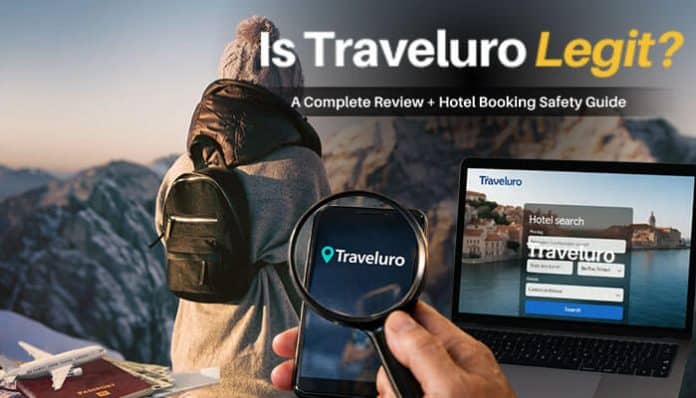 Is Traveluro Legit – traveler checking hotel booking on Traveluro website via laptop and smartphone with magnifying glass, highlighting concerns about online travel agency reliability, customer reviews, refund issues, and booking safety