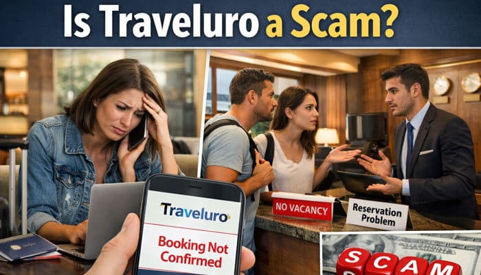 Is Traveluro a Scam Clarifying Misconceptions - My Legal Opinion - My Legal Opinion Is Traveluro Legit – frustrated traveler facing booking not confirmed error on Traveluro, hotel front desk dispute over reservation issues, highlighting concerns about third-party travel site reliability, customer complaints, refund delays, and hidden booking risks