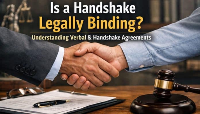 Is a Handshake Legally Binding – business professionals shaking hands over contract documents with legal symbols, illustrating the concept of handshake agreements, verbal contracts, and enforceability under contract law.