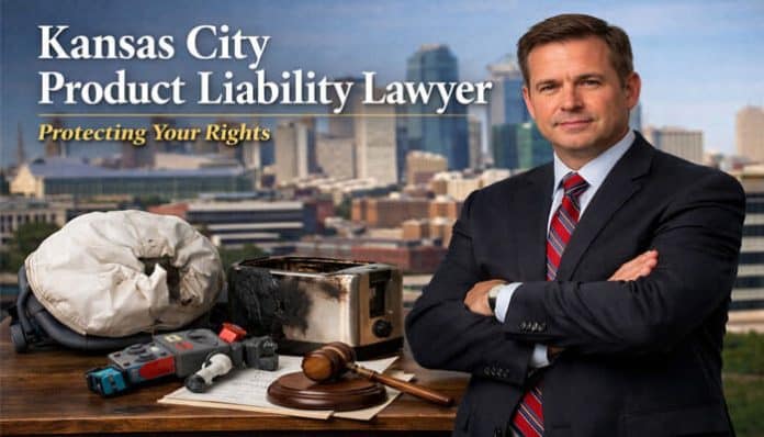 Kansas City Product Liability Lawyer - Protecting Your Rights. A lawyer standing confidently next to legal items, with a city skyline in the background, representing legal expertise in handling product liability cases.