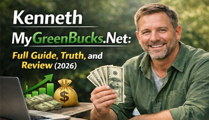 Kenneth MyGreenBucks.Net: Full Guide, Truth, and Review (2026) – A man holding cash in front of a laptop, showcasing the platform's potential.