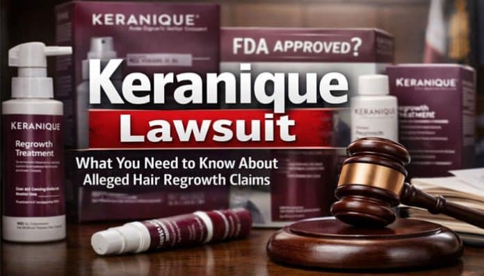 Keranique Lawsuit legal case overview graphic showing Keranique hair regrowth products, FDA approval question, and courtroom gavel highlighting alleged misleading hair regrowth claims.