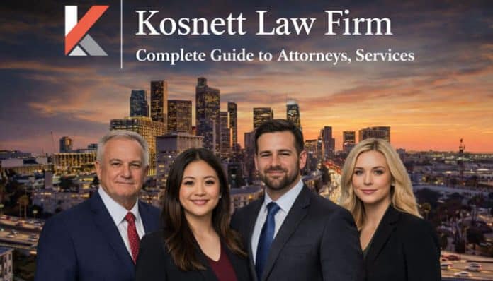 Kosnett Law Firm attorneys standing in front of the Los Angeles skyline, representing expertise in various legal services including personal injury, criminal defense, and more.