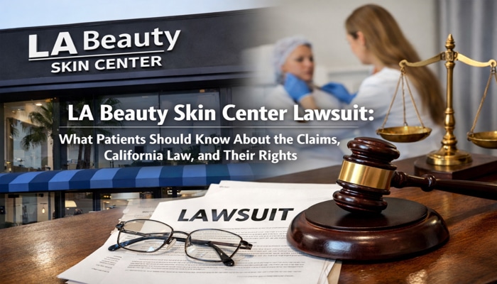LA Beauty Skin Center Lawsuit graphic featuring the storefront and legal symbols like a gavel and scales of justice, highlighting patient claims and California law.