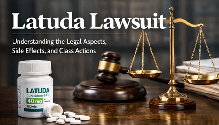 Latuda Lawsuit: A bottle of Latuda medication next to a gavel and scales of justice, symbolizing the legal aspects of the Latuda lawsuit, side effects, and class actions.