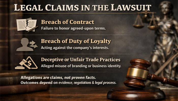Legal Claims in the Lawsuit - My Legal Opinion - My Legal Opinion Legal claims in the Lucas Lagoons lawsuit: Breach of contract, breach of duty of loyalty, and deceptive trade practices, with a gavel and legal documents in the background.
