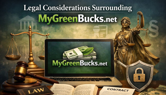 Legal Considerations Surrounding MyGreenBucks.net - My Legal Opinion - My Legal Opinion Legal considerations surrounding MyGreenBucks.net with scales of justice, contract documents, and security lock, illustrating latest news MyGreenBucks.net compliance updates.