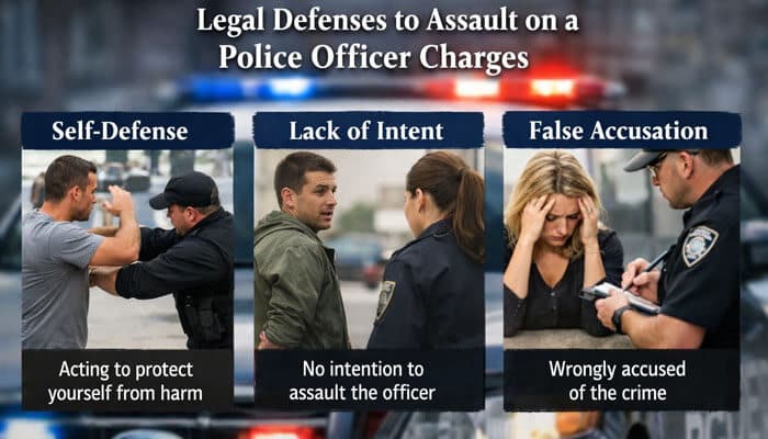 Legal Defenses to Assault on a Police Officer Charges - My Legal Opinion - My Legal Opinion "Legal defenses for assaulting a police officer charges with focus on key legal defenses: Self-defense, Lack of intent, and False accusation. This infographic outlines common defenses in criminal law cases involving assault on a police officer, where charges can lead to severe penalties. Understanding these defenses is crucial for those facing such charges in order to navigate legal strategies effectively.