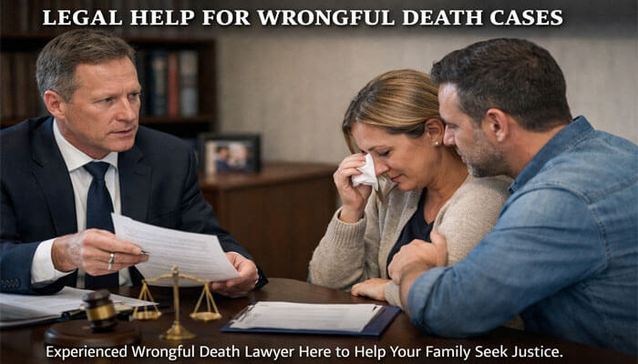 Legal Help for Wrongful Death Cases - My Legal Opinion - My Legal Opinion Legal Help for Wrongful Death Cases, showing an experienced wrongful death lawyer assisting a grieving family, with legal documents and a scale of justice on the table.