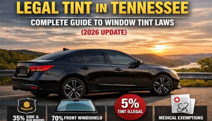 Legal Tint in Tennessee guide infographic showing approved window tint percentages for front windshield (70%), side and rear windows (35%), with a note that 5% tint is illegal plus medical exemptions, displayed over a black sedan at sunset.