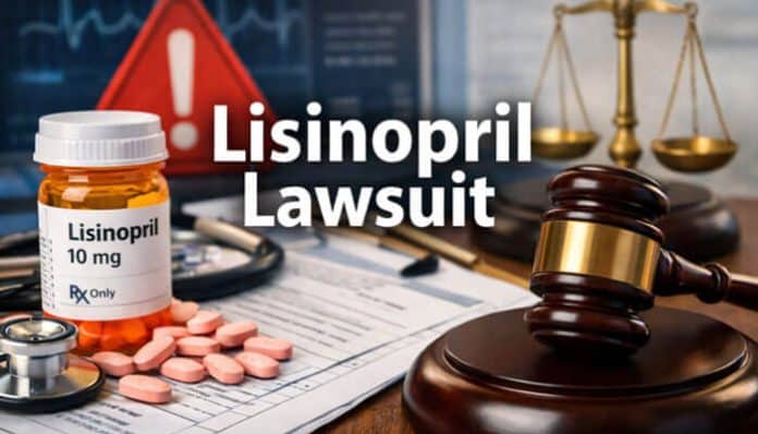 Lisinopril lawsuit concept showing blood pressure medication pills, prescription bottle, and legal gavel representing drug injury claims