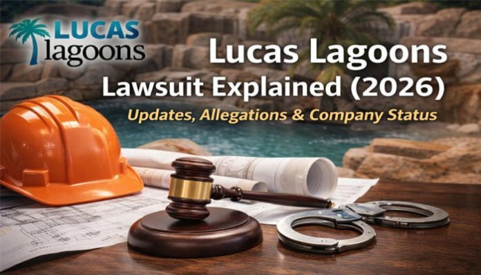 Lucas Lagoons Lawsuit Explained – Legal updates, allegations, and company status, with a gavel, handcuffs, and construction elements in the background.