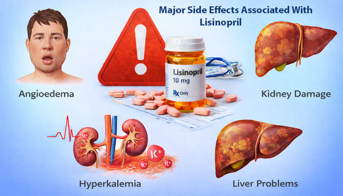 Major Side Effects Associated With Lisinopril - My Legal Opinion - My Legal Opinion Lisinopril lawsuit side effects infographic showing angioedema, kidney damage, hyperkalemia, and liver problems linked to the medication