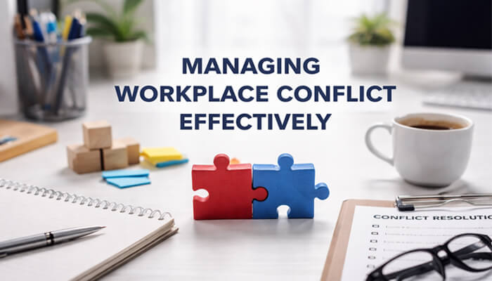 Managing Workplace Conflict Effectively - my legal opinion - My Legal Opinion How do you handle a workplace dispute? A desk scene showcasing puzzle pieces symbolizing conflict resolution in the workplace, with a cup of coffee, a notebook, and a checklist for conflict resolution.