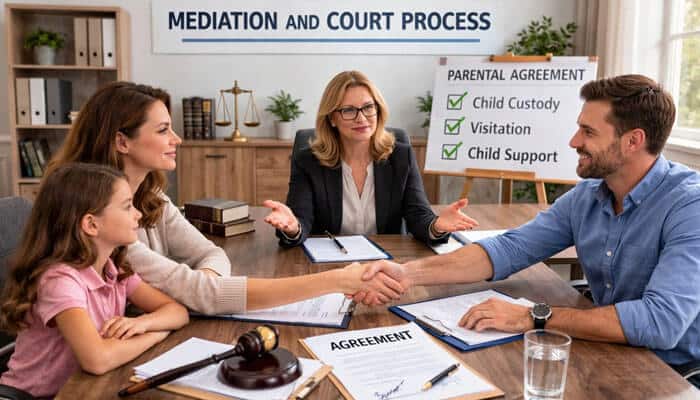 Mediation and Court Process - My Legal Opinion - My Legal Opinion Family mediation session with parents, child, and mediator at table finalizing custody and support agreement, illustrating how mediation can improve the chances of father getting 50/50 custody in California.