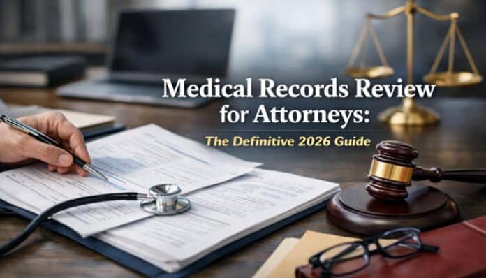 Medical Records Review for Attorneys concept showing legal professional analyzing patient files with stethoscope, gavel, and documents on desk, highlighting case evaluation, medical evidence analysis, and litigation support in healthcare law
