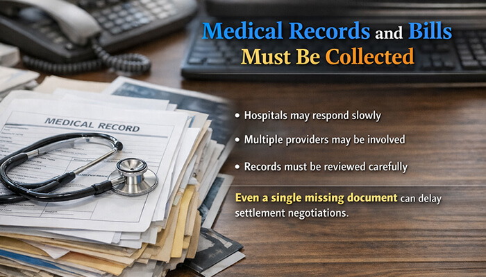 Medical Records and Bills Must Be Collected - My Legal Opinion - My Legal Opinion Why Is My Lawyer Taking So Long to Settle My Case: Image of medical records and a stethoscope on a desk with the text 'Medical Records and Bills Must Be Collected,' highlighting the importance of gathering documents for legal settlements