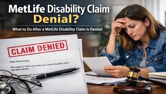 MetLife Disability Claim Denial: A woman looking at a denied claim letter with a pen and a gavel in the background, representing the frustration and legal steps after a MetLife disability claim is denied.