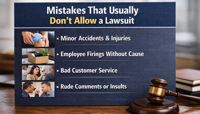 Mistakes That Usually Dont Allow a Lawsuit - My Legal Opinion - My Legal Opinion Can I Sue My Lawyer for Ineffective Counsel? Infographic showing mistakes that don’t allow a lawsuit, with examples like minor injuries and bad customer service.