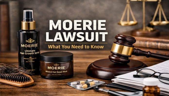 Moerie Lawsuit: A featured image with Moerie hair care products, a gavel, and legal items symbolizing the ongoing Moerie lawsuit.