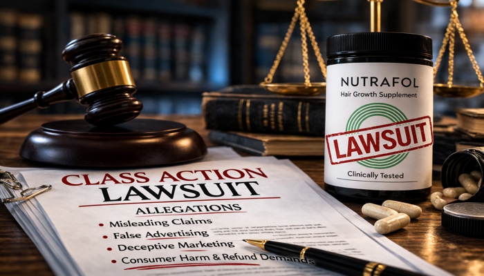 Nutrafol Class Action Lawsuit Allegations - My Legal Opinion - My Legal Opinion Nutrafol Lawsuit illustration showing a class action complaint document, gavel, and Nutrafol hair growth supplement bottle marked lawsuit, representing legal allegations that the supplement was marketed as clinically proven despite disputed scientific evidence.
