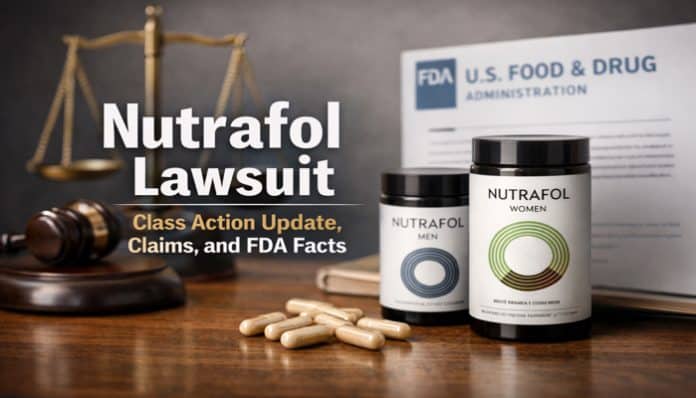 Nutrafol Lawsuit illustration showing Nutrafol hair growth supplement bottles, capsules, a judge’s gavel, and FDA document representing class action claims about misleading ‘clinically proven’ marketing.
