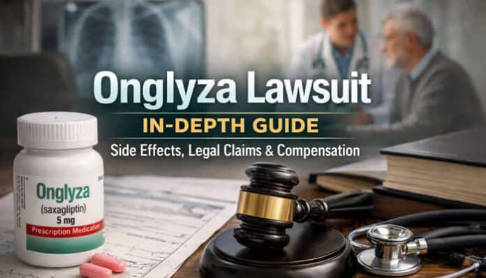 Onglyza Lawsuit in-depth guide image showing saxagliptin diabetes medication bottle, legal gavel, and medical setting highlighting risks of heart failure, pancreatitis, and compensation claims linked to Onglyza side effects